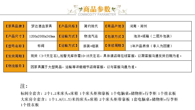 夢達賓館成套家具產品參數